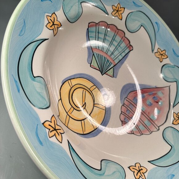 Bella Delray Nautical Seashell Salute Ceramic Platter Bowls Coastal Aqua Trim - Picture 4 of 16